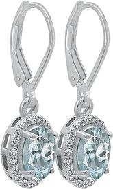 1/3 Ct Diamond & Aquamarine Earrings, 925 Sterling Silver Lever Back Earrings for Women, March Birthstone Cluster Earrings